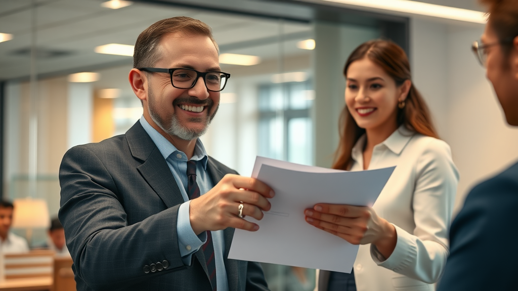 Happy business owner handing over keys and documents after selling a business