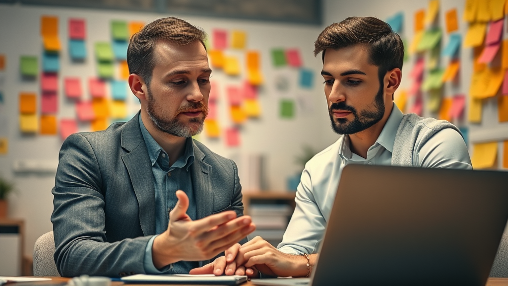 business valuation strategy, consultant giving advice to entrepreneur in creative workspace with brainstorming notes