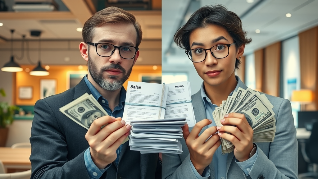 business broker commission comparison - small and large business deals being closed, business owners facing stacks of money and documents