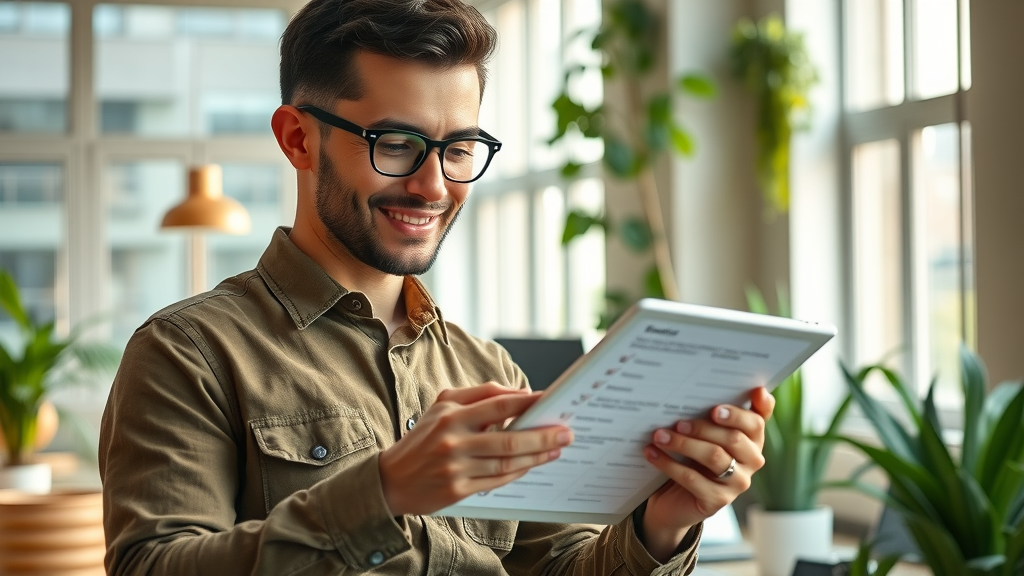 Organized entrepreneur using digital checklist for confidential business sale planning