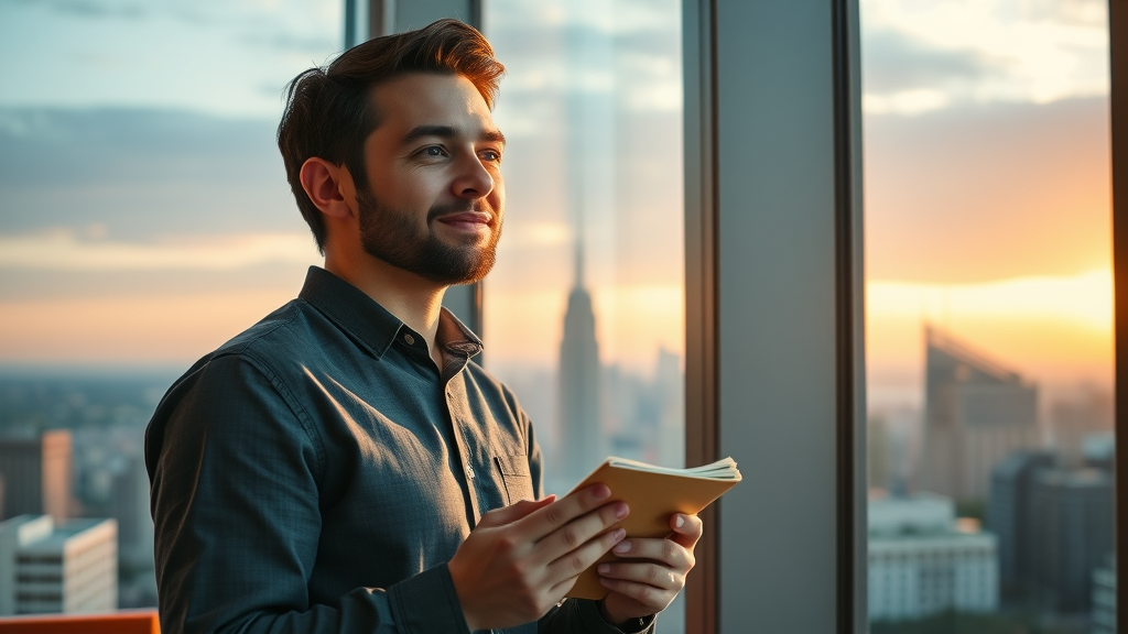Hopeful entrepreneur inspired by future growth, looking out of an office window—symbolizing the possibilities of small business opportunities