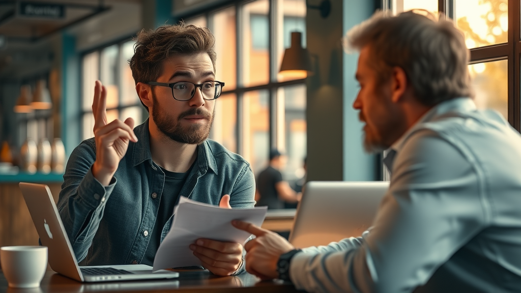 curious entrepreneur discussing buying a business with mentor in coffee shop
