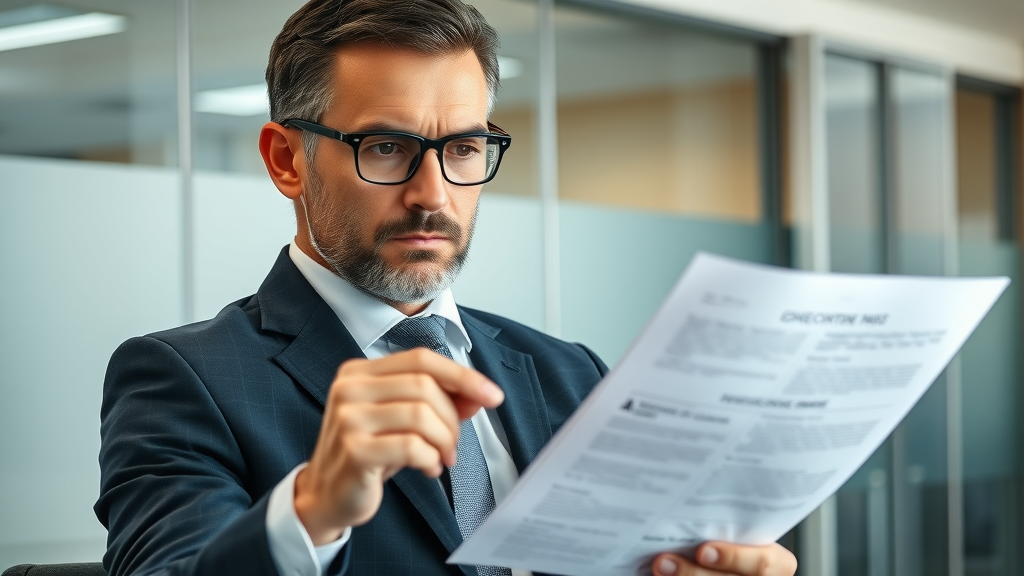 Professional business owner reviewing confidential business sale documents, modern office, privacy focused