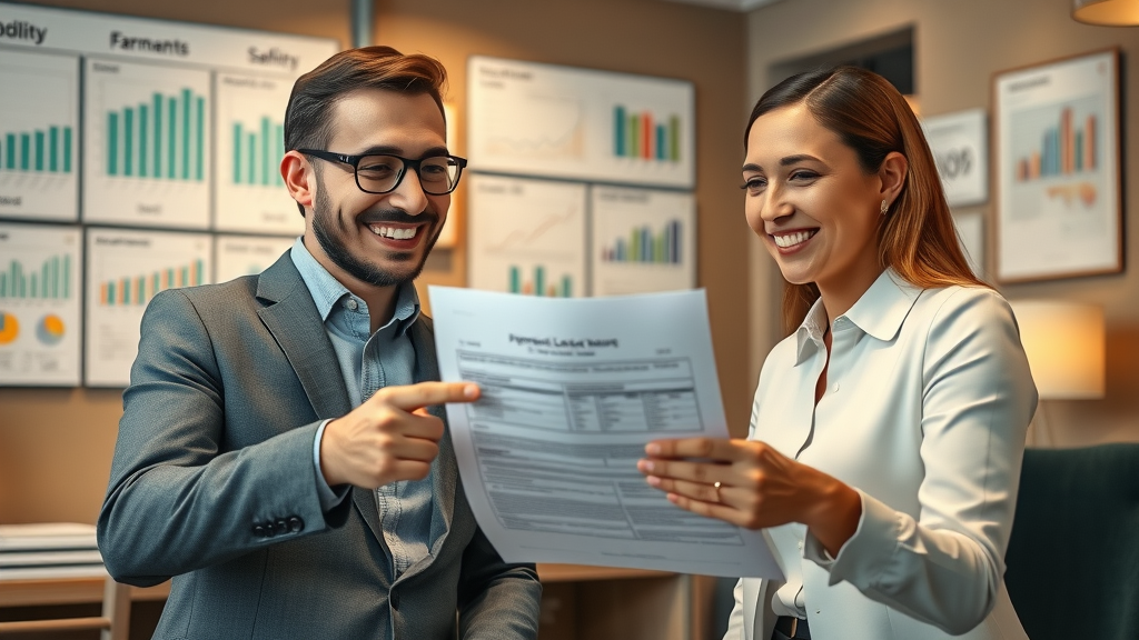 Optimistic business buyer consulting banker about SBA loan options for buying a small business