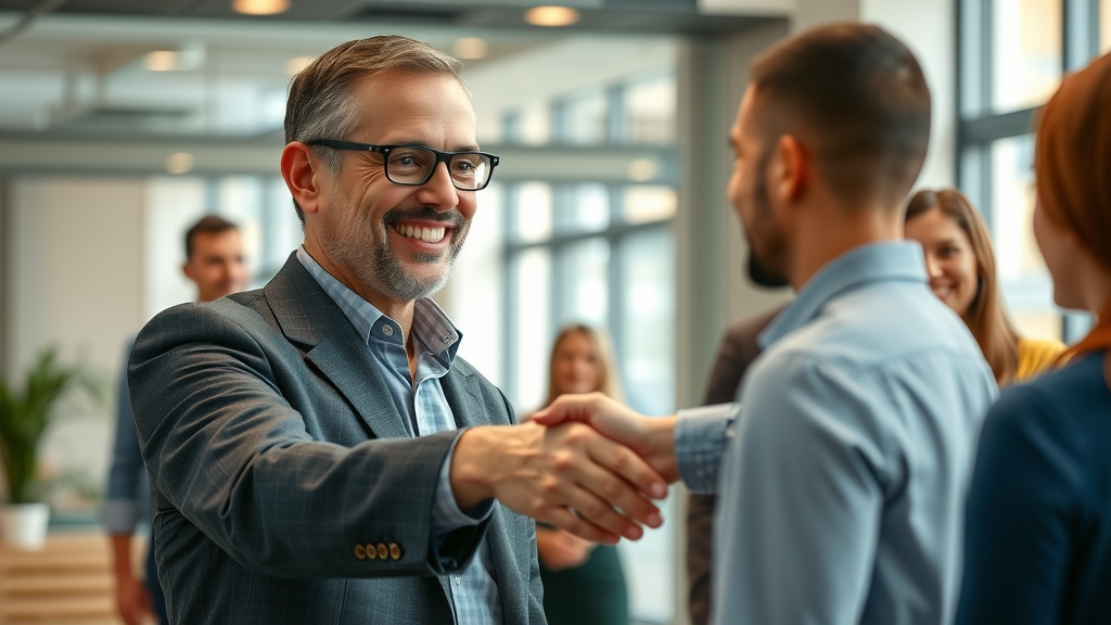 Small business new owner reassuring key employees with handshake during business handover