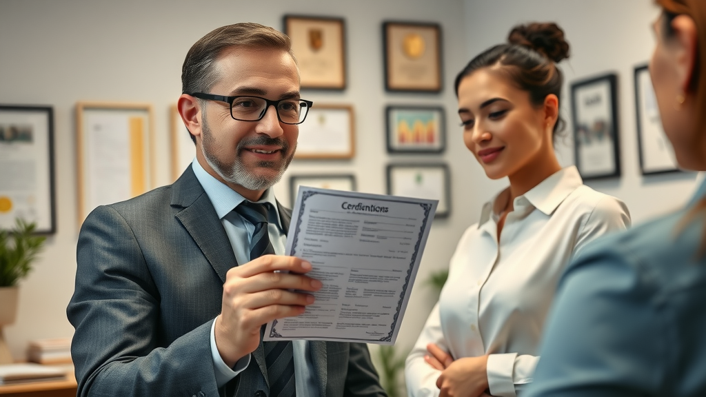 Experienced business broker presenting credentials to a prospective client, highlighting qualifications, brokerage services