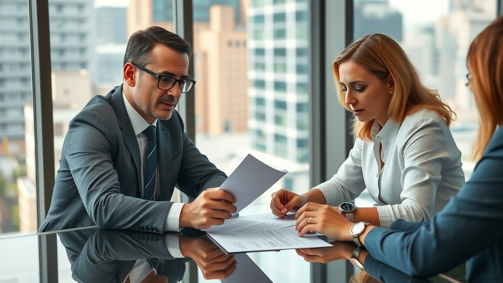 Real estate agent and clients discussing broker fees at closing table, Real estate agent fees, closing costs, broker fees