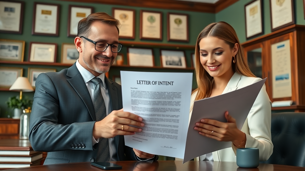 confident attorney and business buyer reviewing Letter of Intent paperwork for buying a business