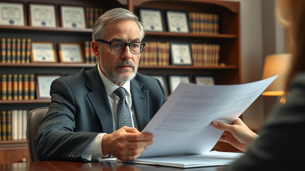 selling a business experienced lawyer reviewing legal documents with client in law office