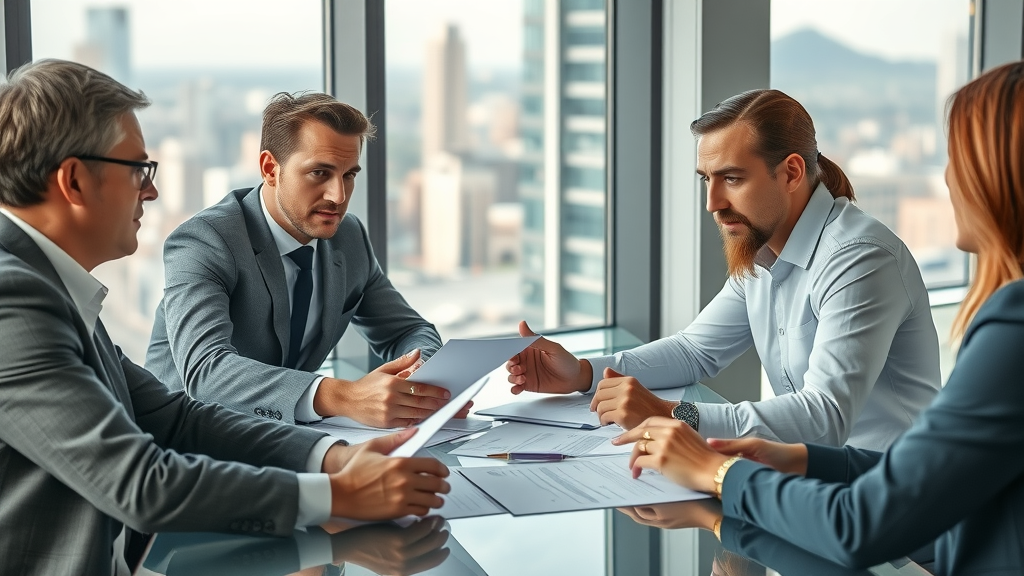 professional real estate agents at a negotiation table discussing broker fees responsibility, lifelike modern office, reviewing contracts, highly detailed, cityscape background