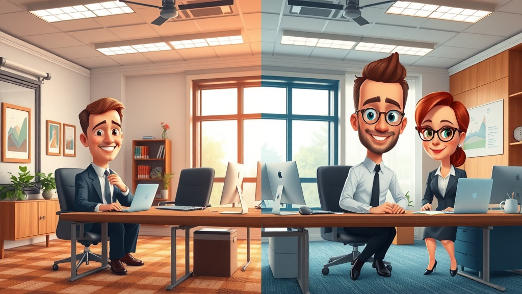 Side-by-side visual comparison of a traditional real estate office and a modern discount brokerage for agent fees