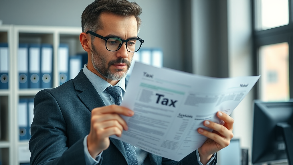 business owner reviewing financial documents for tax implications of business sale in a modern office setting