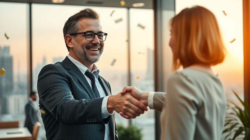 happy business owner shaking hands with broker after closing a successful business sale, national business broker