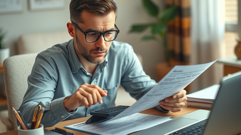 concerned real estate agent calculating franchise fees, reviewing financial documents, impact on commission splits