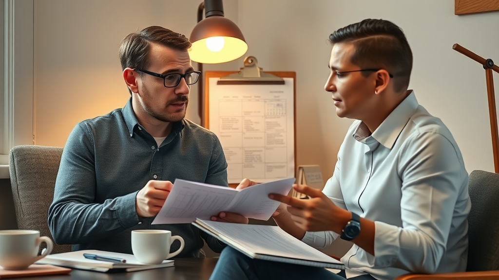 thoughtful seller discussing timeline and fees with experienced business broker, business brokers